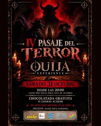 Cartel ilustrado del IV Pasaje del Terror Ouija Experience, con figura oscura y velas.