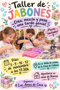 Cartel de taller de jabones con tres niños mezclando ingredientes y llenando moldes.