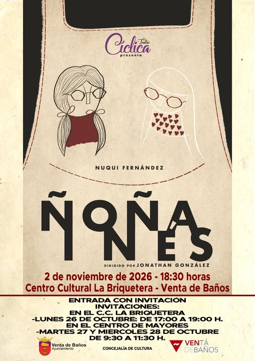 Cartel ilustrado de Ñoña Inés, con dos figuras dibujadas y datos de la función teatral.