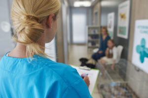 Veterinario revisando a un paciente en una clínica veterinaria