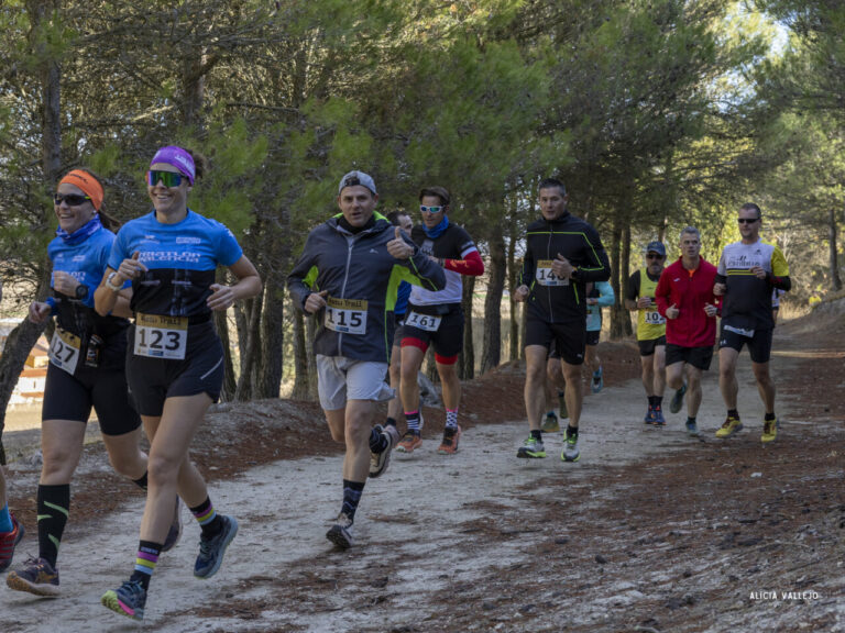 Corredores con dorsales avanzan por un sendero de tierra entre árboles.