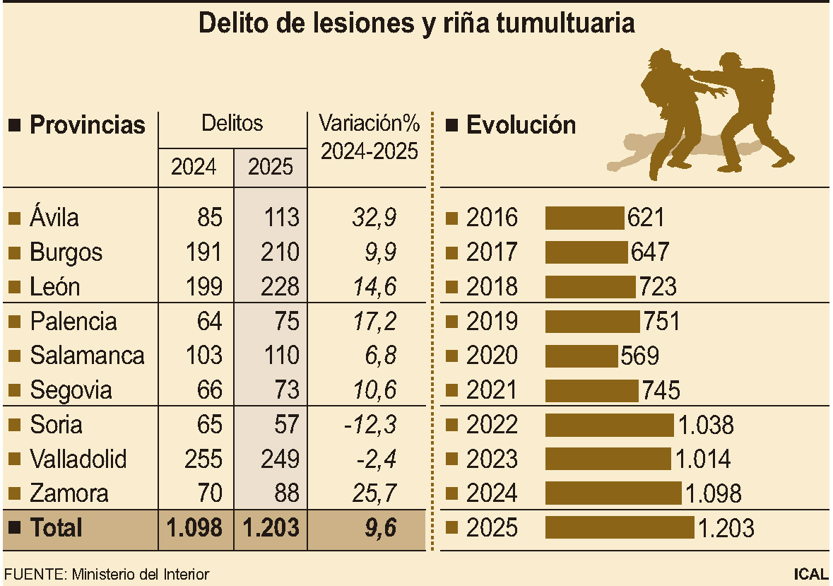 Infografía con delitos de lesiones y riñas por provincias y evolución anual en Castilla y León.