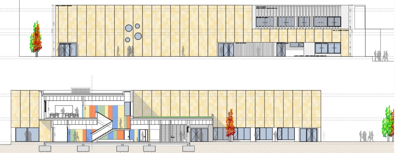 Dibujo arquitectónico con dos vistas del diseño de un colegio, fachada y sección interior.