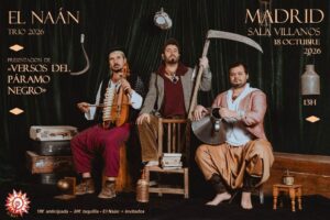 Tres músicos posan con instrumentos en el cartel de El Naán para Madrid.