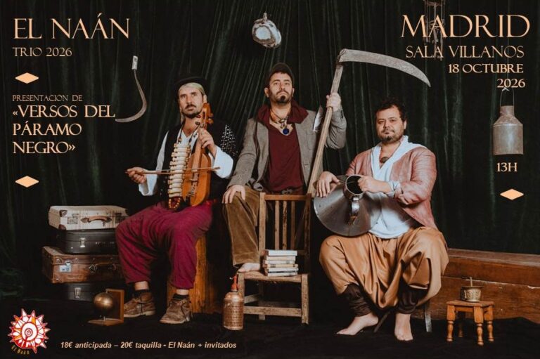 Tres músicos posan con instrumentos en el cartel de El Naán para Madrid.
