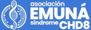 Logotipo blanco de la asociación Emuná síndrome CHD8 sobre fondo azul.
