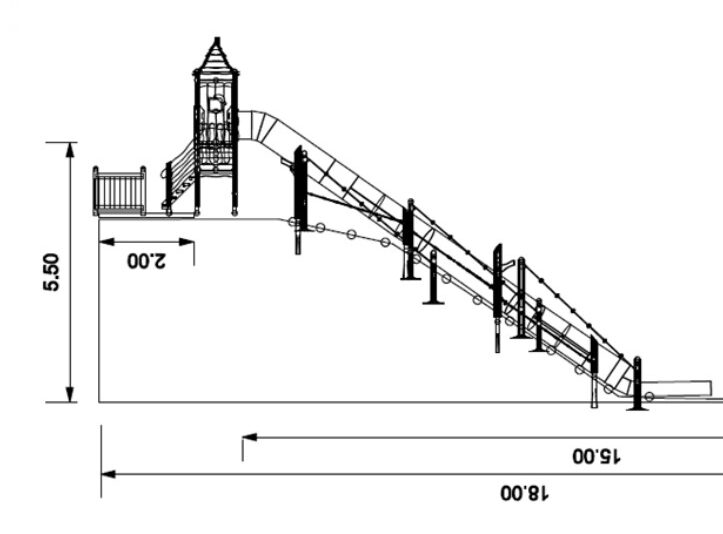 Diagrama lateral de un tobogán con torre, recorridos y cotas señaladas.