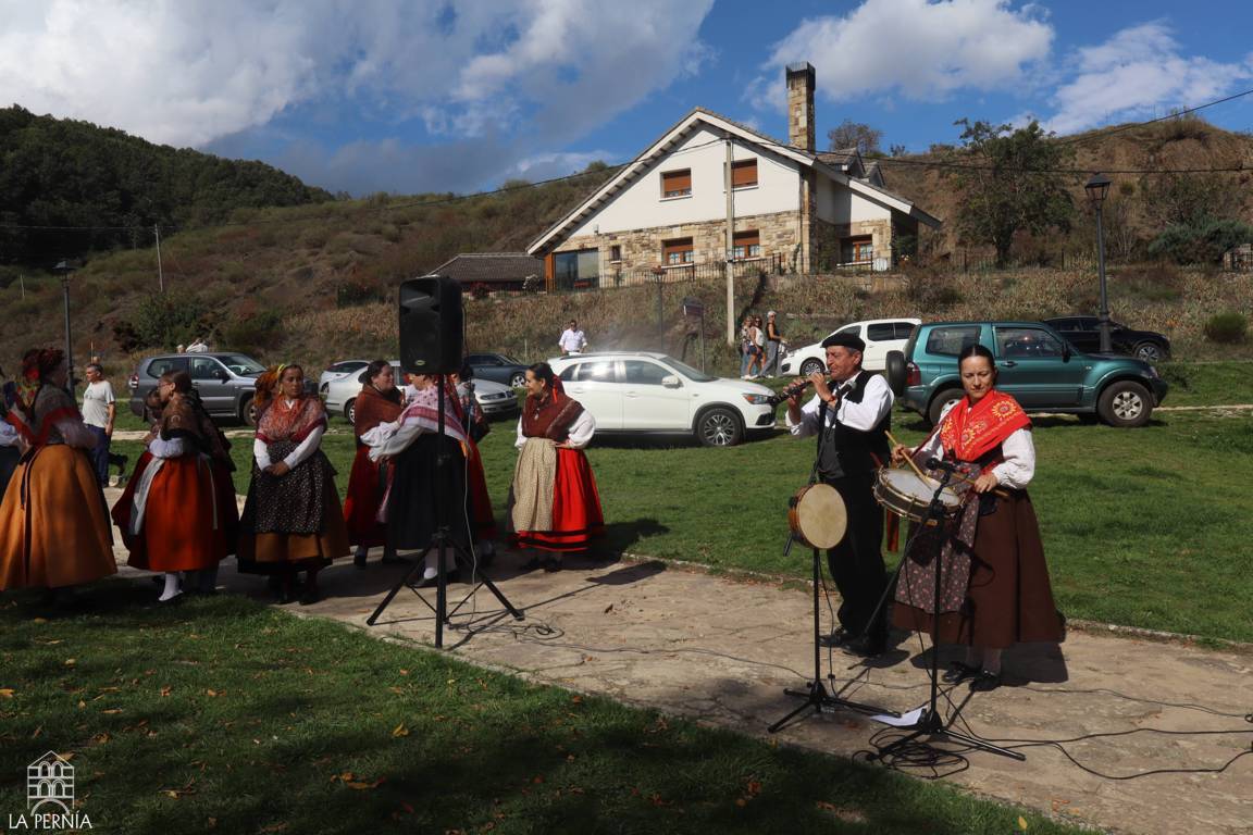 Grupo con trajes tradicionales participa en una actuación folclórica al aire libre.