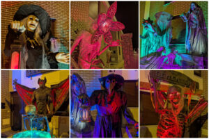 Collage de seis fotografías con figuras monstruosas iluminadas frente a una fachada de ladrillo.