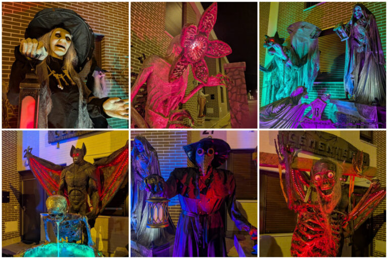 Collage de seis fotografías con figuras monstruosas iluminadas frente a una fachada de ladrillo.