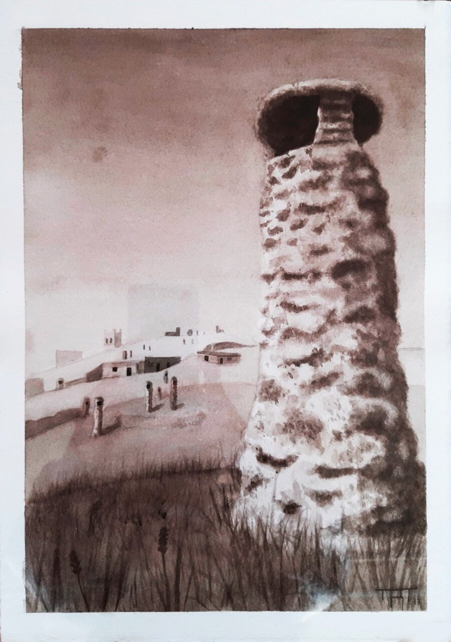 Fotografía de una ilustración sepia con una chimenea alta y tejados al fondo.