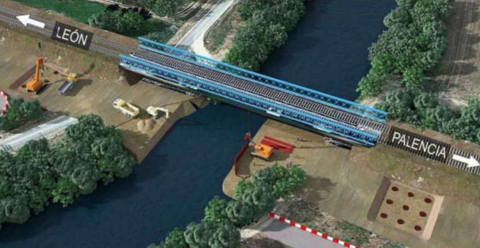 Ilustración de un viaducto ferroviario sobre el río, con indicaciones hacia León y Palencia.