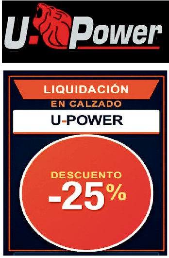 Cartel de liquidación de calzado U-Power con descuento del 25%