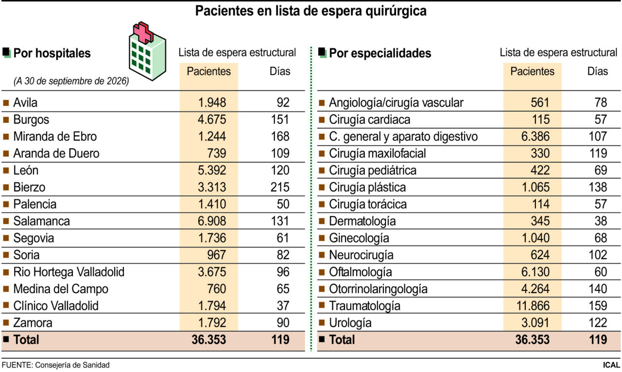 Gráfico de listas de espera quirúrgica por hospitales y especialidades en Castilla y León