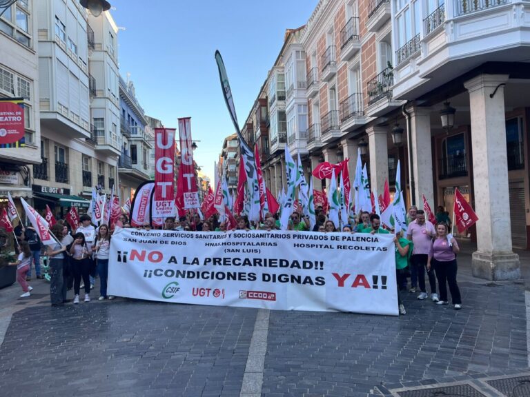 Manifestantes sostienen una pancarta y banderas sindicales en una calle peatonal de Palencia.