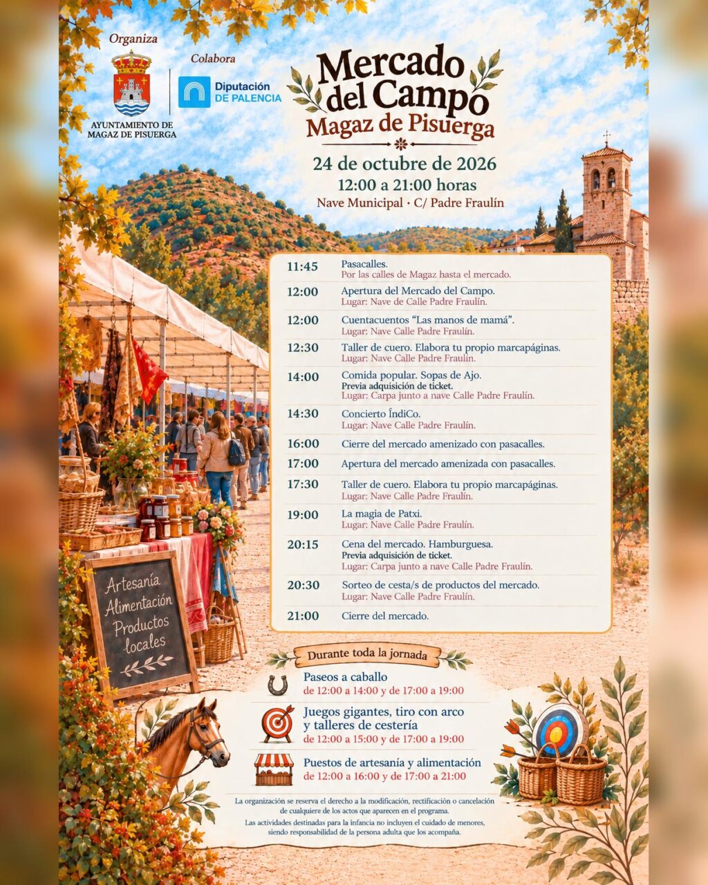 Cartel ilustrado del Mercado del Campo de Magaz de Pisuerga con programa y puestos.
