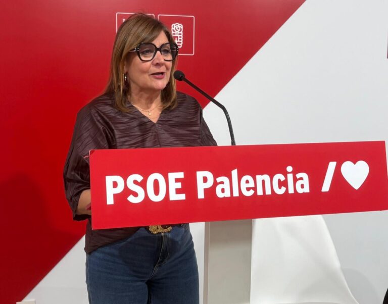 Mujer con gafas junto a un micrófono tras un atril del PSOE Palencia