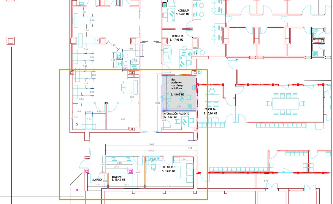 Plano arquitectónico de Urgencias con el box para pacientes con riesgo autolítico señalado.