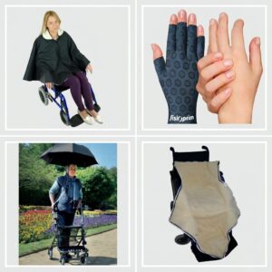 Collage de una capa, guantes sin dedos, paraguas con andador y funda de silla de ruedas