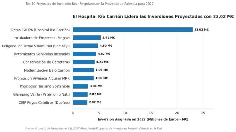 Gráfico de barras con nueve proyectos de inversión previstos en Palencia para 2027.