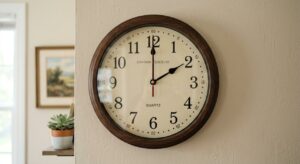 Reloj analógico de pared con marco de madera que marca las dos.