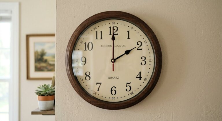 Reloj analógico de pared con marco de madera que marca las dos.