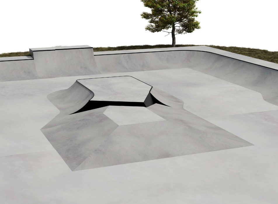 Render de un skatepark con bowl de hormigón y módulo central elevado.