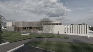 Render arquitectónico de un colegio moderno con fachada geométrica y zonas ajardinadas.