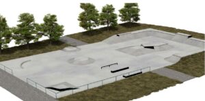 Render de un skatepark con bowl, rampas, barandillas y árboles alrededor