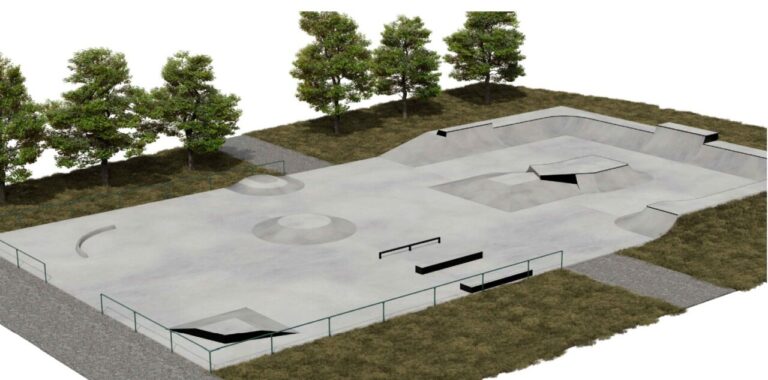 Render de un skatepark con bowl, rampas, barandillas y árboles alrededor