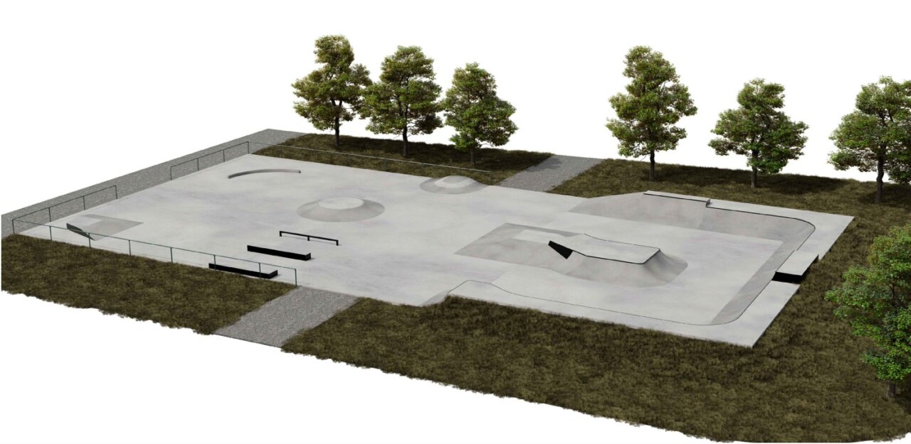 Representación digital de un skatepark con rampas curvas y obstáculos junto a árboles