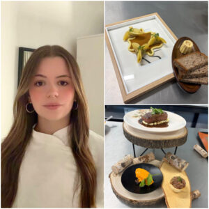 Montaje con el retrato de una mujer y dos platos de cocina presentados.