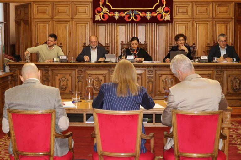 Representantes sentados en la mesa durante una sesión plenaria en una sala de madera.