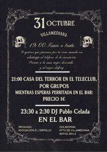 Cartel de Halloween de Villamediana con truco o trato, casa del terror y música.