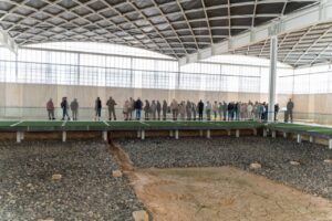 Visitantes observan restos arqueológicos de la Villa Romana La Olmeda bajo una cubierta moderna.
